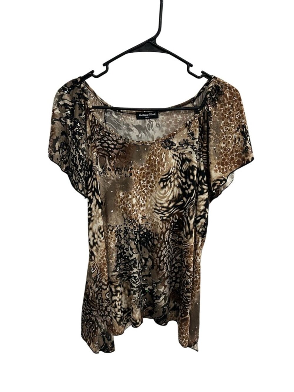 Brittany Black Petite Animal Print Flutter Sleeve Top 80s Retro Eclectic